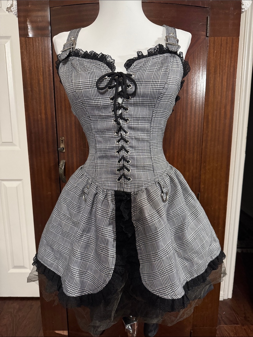Vintage Lip Service Houndstooth Lace-Up Corset Mini Dress